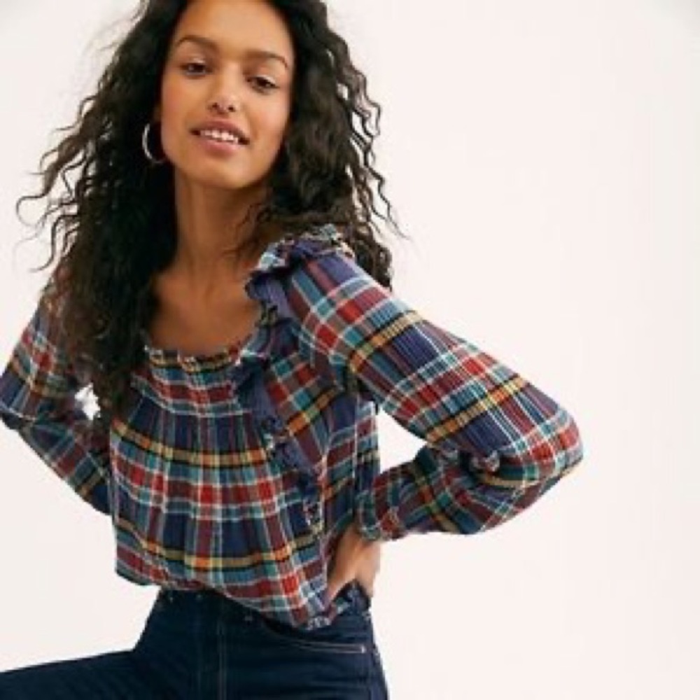 We the Free Sienna Plaid Tie-Back Bubble Sleeve Top XS